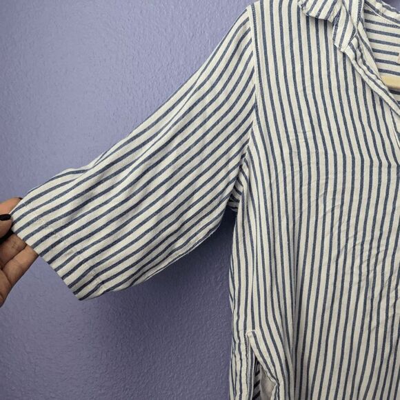 Women's Thread & Supply Blouse Vertical Striped Roll Tab Sleeve Small Pockets - Picture 5 of 8